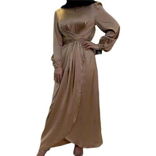 Eid Satin Abaya Dress Muslim Women Solid Color Wrap Front Long Sleeve Ruffles Long Maxi Dress Summer Dubai Turk Modest Wear