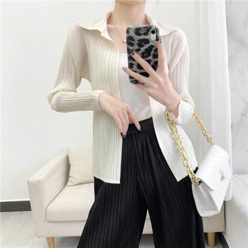 Miyak Casual Long Sleeve Cardigan 2021 Fashion Solid Color Thin Jacket Spring Summer Slim Pleated Elegant Outwear Female Clothes