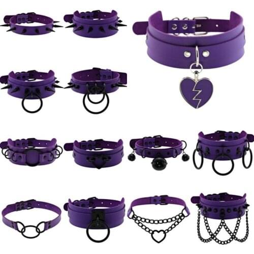 Emo Purple Goth Punk Leather Choker Necklaces Women Men Harajuku Black Rivet Metal Chian Necklace Halloween Cosplay Y2K Jewelry