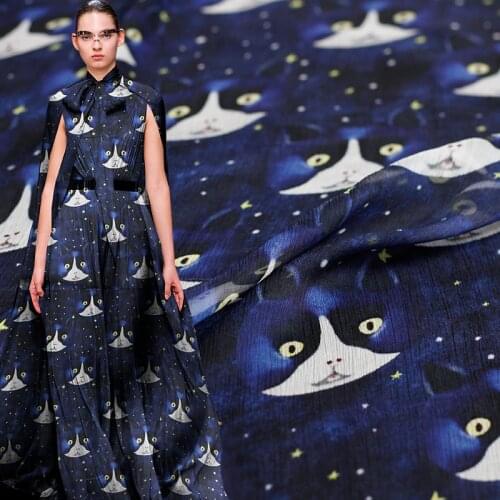 Pearlsilk Dark Blue Cats Printed Crinkle Chiffon Silk Fabrics 100% Silk Summer Dress The Sewig Cloth Freeshipping