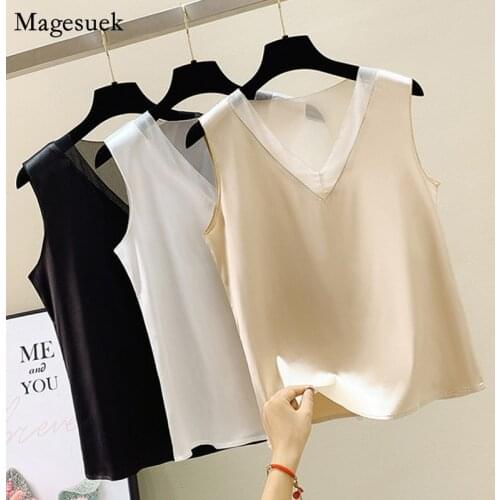 White Casual Satin V-neck Woman Tank Tops Sleeveless Vest Loose Summer Tops Female Plus Size Office Lady Tanks Top Mujer 15414
