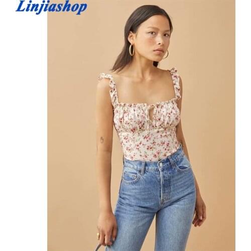 Vintage Small Floral Print Slim Girl Summer Elastic Beach Camisole Fashion Center Drawstring Women Tank Top Femme vestidos