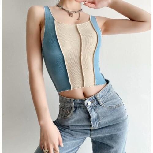 Summer Sexy Patchwork Knitted Tanks Corp Top For Women O Neck Sleeveless Slim Stretch Camis Vest Streetwear Corset Club Clothes