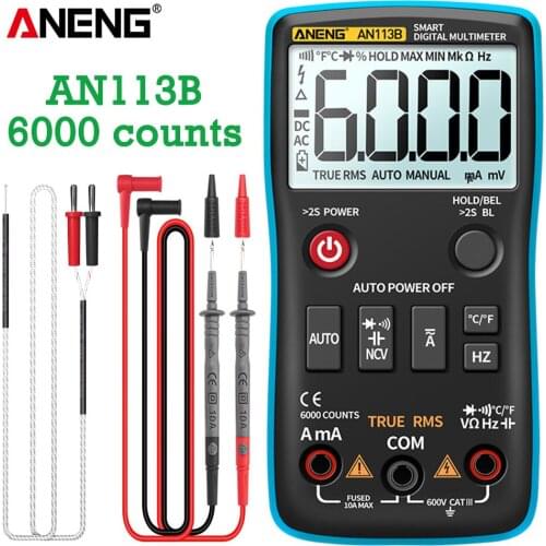 ANENG AN113B Digital Multimeter True RMS with Temperature Tester 6000 Counts Auto-Ranging AC/DC Transistor Voltage Meter