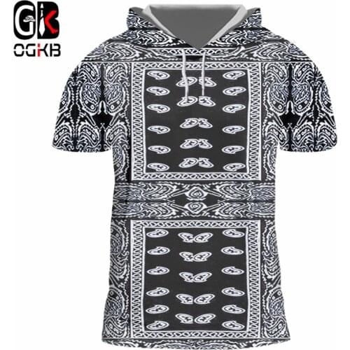 OGKB 3D Hooded Tshirt Mens Summer Tops Black Bandana Paisley Printed Cashew Flower Short Sleeve Hoodies Tracksuits Undershirts