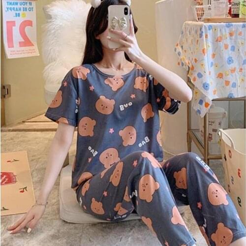 2021 New Summer Milk Silk Short-Sleeved Trousers Suit Cute Cartoon Pajamas Girls Outer Wear Home Service Suit Female Lingerie