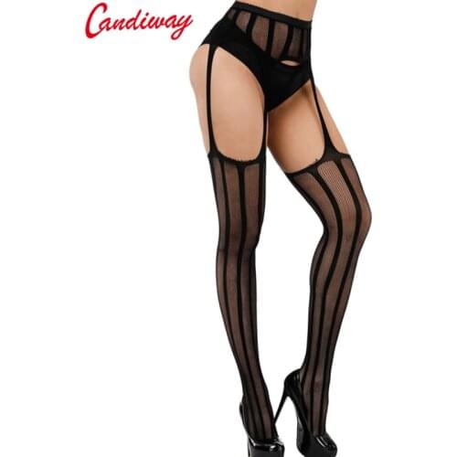 New Arrival Plus Size Sexy Black Seduction Vertical Stripe Crotch High Waist Thigh-High Fishnet Stockings Garter Belts Pantyhose