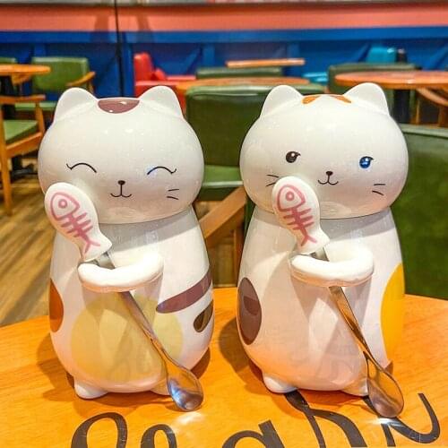 Cute cartoon cat ceramic cups with cover spoon pot-bellied mug large capacity creative cup couple coffee cup