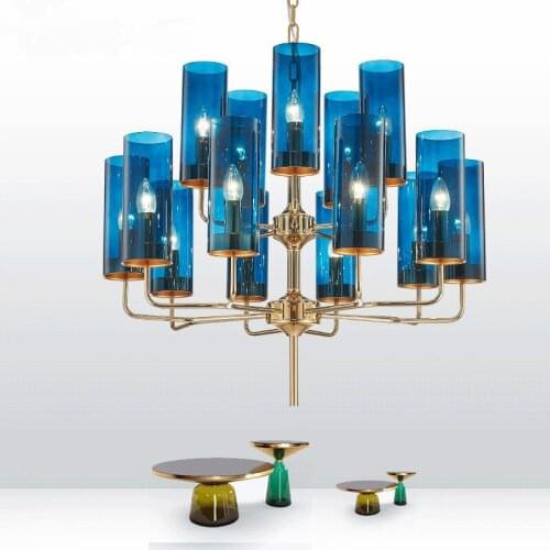 Modern Living Room E14 Led Chandelier Deco Blue Cognac Glass Shades Pendant Chandelier Lighting Foyer Lustre Shiny Gold Lamp