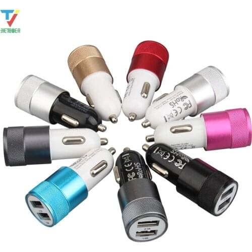 Multi-color Dual USB 5V 2A Auto Smart Phone PC Charger Metal Portable Car Cigarette Lighter Charger 100pcs/lot
