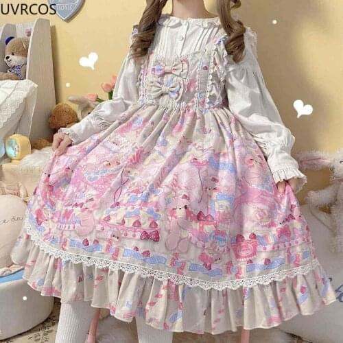 Sweet Lolita Jsk Dress Japanese Style Women Original Cartoon Dessert Tea Party Sleeveless Dress Girl Cute Ruffle Bow Fairy Dress