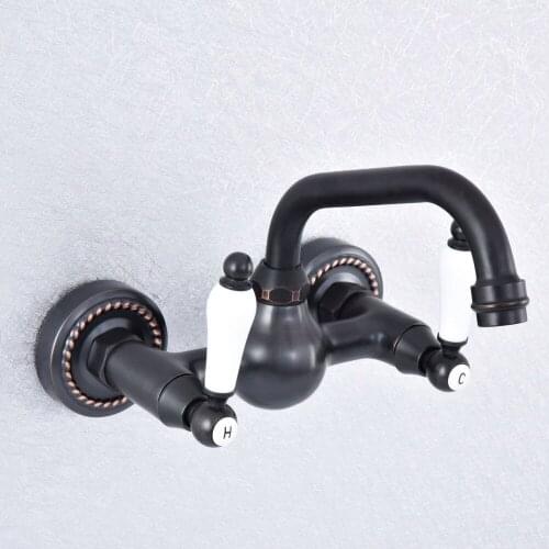 Oil Rubbed Bronze Wall Mounted Swivel Spout Bathroom Sink Faucet Double Handle Mixer Tap Wall Mounted Nsf718