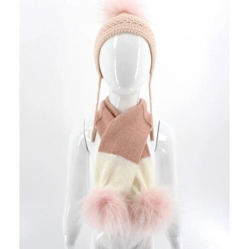 Baby Winter Set Hat and Scarf with Fur Pompom for Children Braid Hat