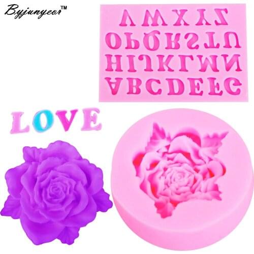 Epoxy UV Resin C089 2PCS Uppercase English Letter&Rose Sugarcraft Cake Decorating Fondant Chocolate Mold Silicone Baking Tools