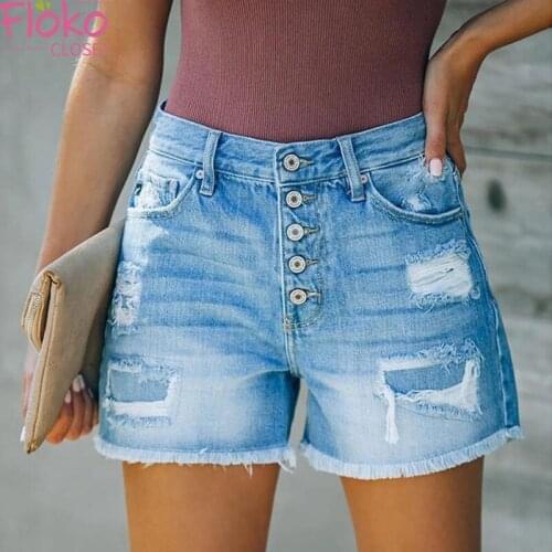 Flokocloset Summer Casual High Waist Denim Shorts Straight Washed Ripped Pants Wide Legs 2021 Summer Cotton Jean Shorts