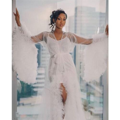 White Ruffles Tulle Long Sleeve Bridal Wrap Sexy Kimono Pregnant Party Sleepwear Women Bathrobe Sheer Nightgown Robe