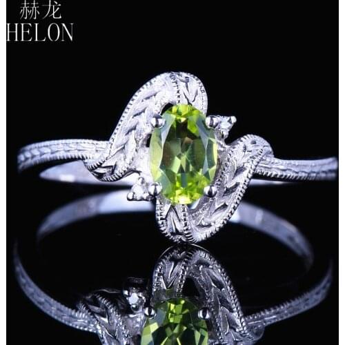 HELON Solid 10k White Gold Flawless Oval 4x6mm Genuine Peridot Diamond Vintage Antique Women Engagement Wedding Ring Best Gift