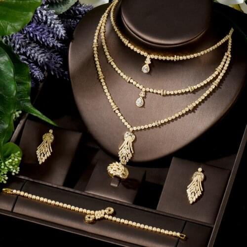 HIBRIDE Fashion Gold Color Leaf Pendant Earring Luxury 3 Layer Necklace Dubai Jewelry Sets Chain Wedding Bridal Jewelry N-1541