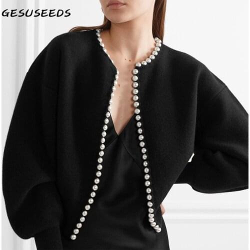 Elegant cardigan women long sleeve sweater fall solid crop cardigan black o neck knitted sweater pearls korean cardigan beige