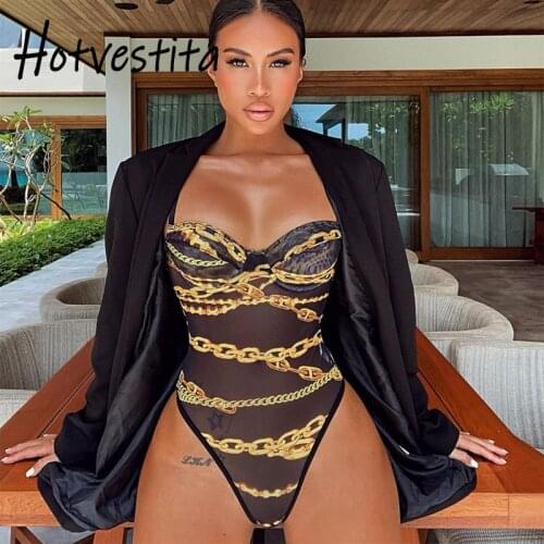 Hotvestita 2021 New Fashion See Through Black Mesh Golden Print Sexy Bodysuits Women Bodycon Jumpsuits Strappy Body Top Clubwear