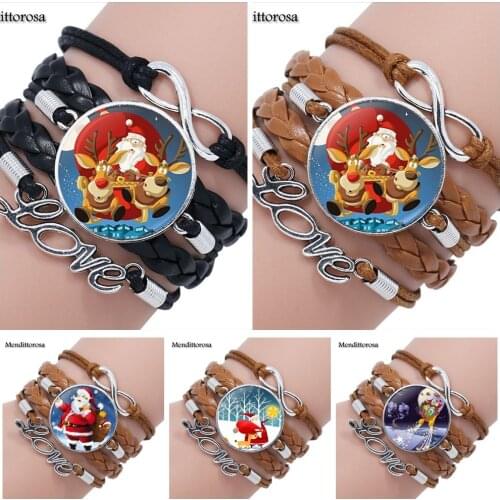 Mendittorosa Christmas Elk Glass Jewelry With Glass Cabochon Multilayer Black/Brown Leather Bracelet Bangle For Women Party