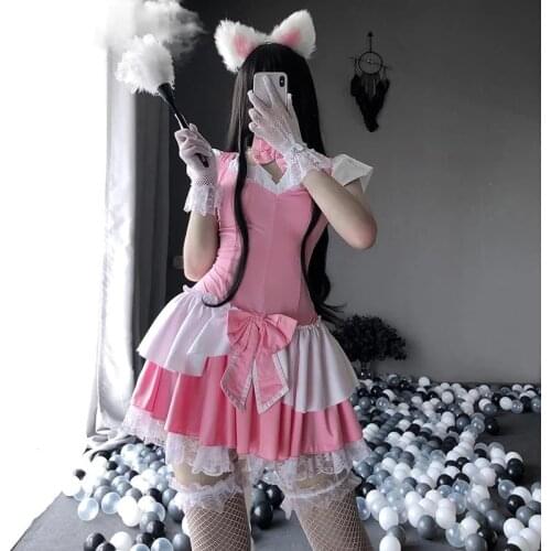 Sweet Maid Outfit Japanese Bow Tie Suspenders Cat Girl Sexy Lingerie Skirt Uniform Nightdress Erotic Role Play Cosplay Costumes