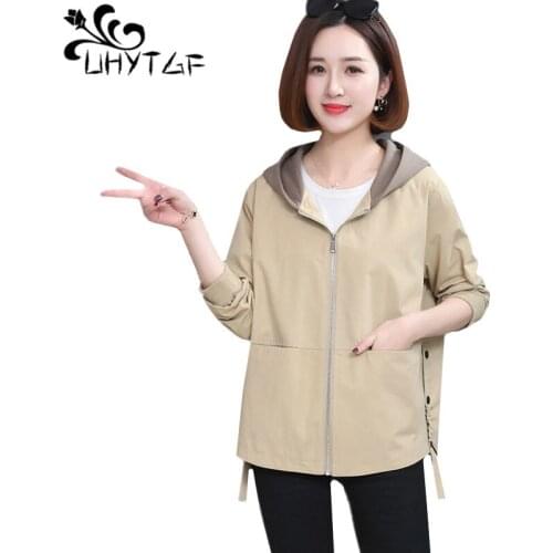 UHYTGF Oversized coat female fashion hooded spring autumn trench coat for women solid color wild casual short tops outerwear1008