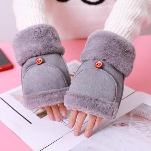 Womens half finger gloves Suede leather solid color plus velvet thick plush flip gloves students winter writing warm gloves E53