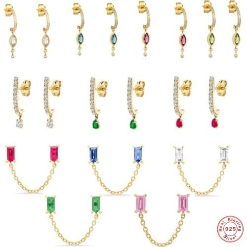 Real 925 Sterling Silver Waterdrop Earring Luxury Bling Colored Crystal Stud Earrings For Woman Girls Ladies CZ Brincos Jewerly