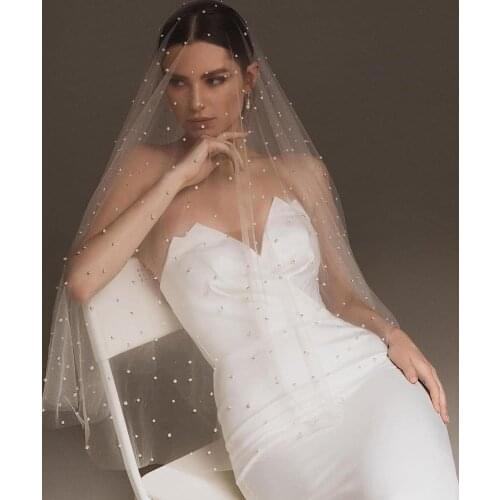 YouLaPan V05 Luxury Bridal Veil Long Cathedral Wedding Veil with Pearl Mantilla Veil for Church 1 Tier Super long Wedding Prop