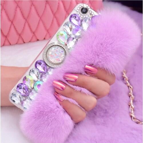 Luxury Bling Rhinestone Diamond Real Rabbit Fur Case For Samsung S20 S8 S9 S10 PLUS S10e Note 10 Plus 8 9 With Ring Holder Case