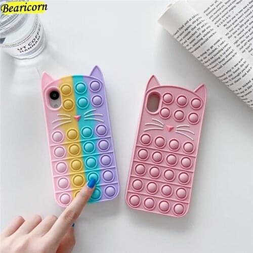 Pop Fidget Toys Push Bubble Silicone Beans Case For iPhone 6 6s 7 8 Plus X XR XS 11 12 Pro Max SE 3D Cartoon Kitty Cat Cover
