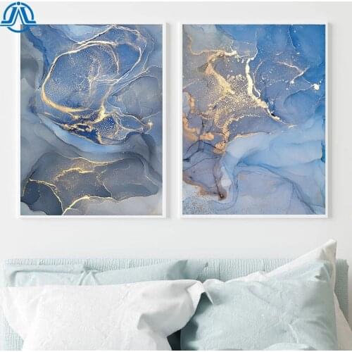 Nordic Morden Abstract Blue Gray Line Wall Art Canvas Painting Golden Blue Smoke Art Poster Print Wall Pictures for Living Room