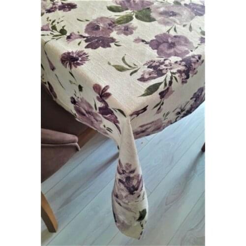 Cotton Linen Look Cream Table Cloth lilac color flower pattern Wedding, Party,Sofa Cover Turkish Cotton For Rectangle Tabl