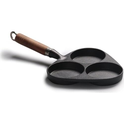 2019 Omelette Frying Pan Cast Iron Fried 3 hole Egg Steak Hamburg Dumplings Pot Mini Device Cake Mould with wood handle nonstick
