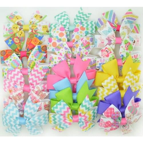 SUPWRF 20pcs/lot 3.1" Inch Easter Rabbit Printed ribbon Bows Clips Girls hair bow Headware Kids Hair Accessories MIX T0929