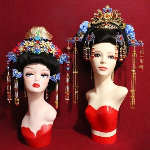 2 Designs Tang Princess Empress Blue Cloisonne Hair Tiara Long Tassel Imitate Diancui TV Play Hair Crown Classical Dance