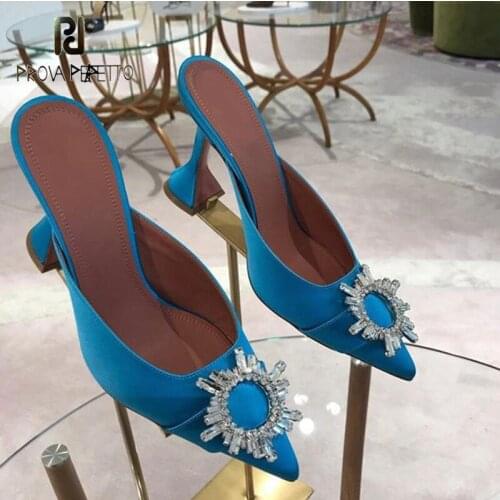 Crystal satin blue and yellow ladies Muller slippers spring summer French elegant non-slip stiletto high-heeled half slippers