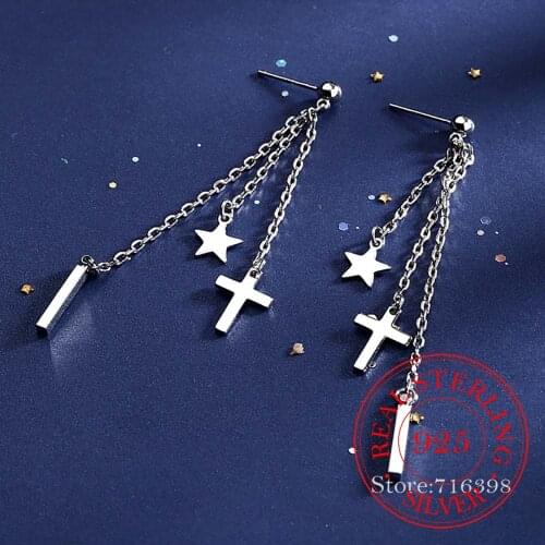 925 Sterling Silver Tassel Star Cross Earring boucle d'oreille Long Drop Earring for Women Fashion Jewelry Dropshipping eh1434