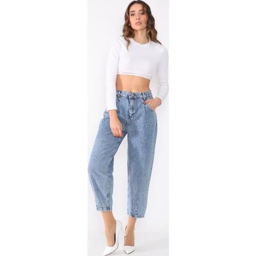 Woman, Jeans, High Waist, Balloon, Wide Cut, Blue, Stony, Sequined, Full Length, Solid Color, Cotton Denim Trousers, 2021 Spring