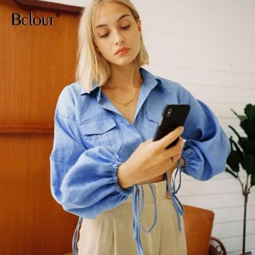 Bclout Vintage Drawstring Linen Crop Tops Women Autumn Puff Sleeve Lace-Up Pocket Jacket Casual Street Party Short Blouse 2021