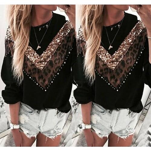 Women Leopard Long Sleeve T Shirt Casual Pullover Long Top Warm Winter