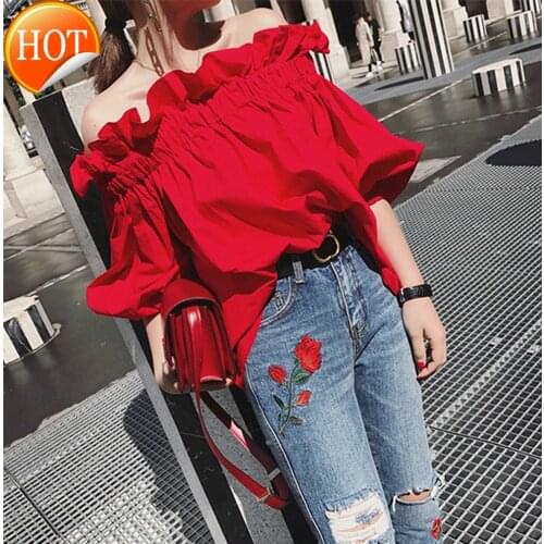 New red one shoulder top summer womens loose Short Sleeve Ruffle off the shoulder Beach Resort clothes