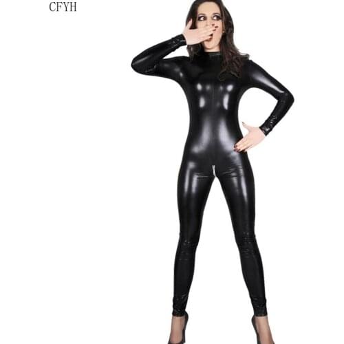 Sexy Lingerie Black Female Faux Leather Catsuit PVC Latex Bodysuit Front Zipper Open Crotch Stretch Erotic Jumpsuit