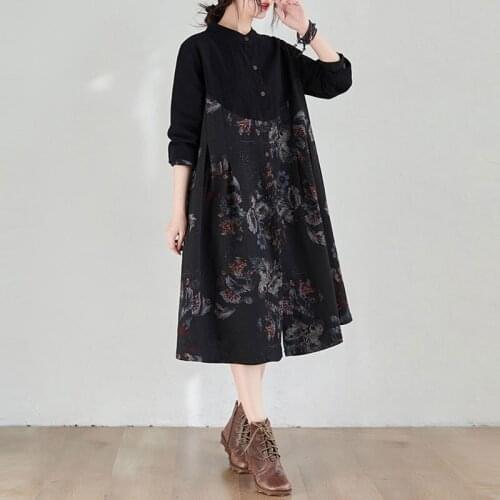 Women Loose Casual Shirt Dress New 2020 Autumn Vintage Style Stand Collar Patchwork Print Female Cotton Linen Long Dresses S2796