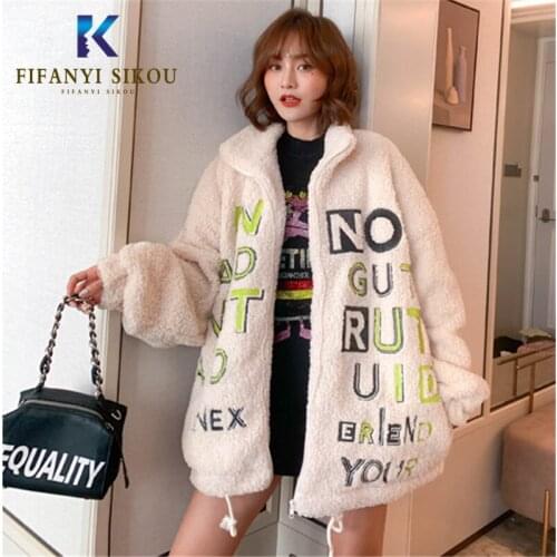 Winter Women Faux Lambswool Fur Coat Letter Embroidery Fashion Faux Fur Jacket Thick Warm Overcoat Female Loose Plush Coats