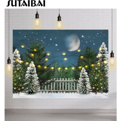 Winter Backdrop Photography for Photo Booth Forest Snow Pine Tree Merry Christmas Bulb Shiny Star Moon Child Portrait Background