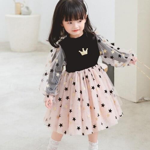 2021 Dress Penta Star Print Breathable Mesh Design Toddler Dress for Party Children Clothing Kids Birthday Dress For Girls