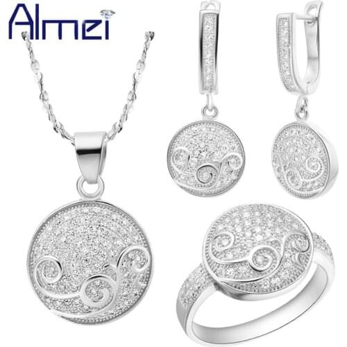Almei Silver Jewelry Sets Fashion Austrian Crystal Brincos Colares Rings Zirconia Accessories for Wedding Women Party Gift T143