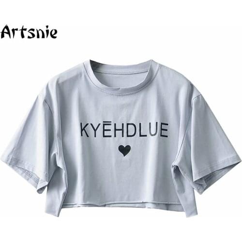 Artsnie Summer 2021 T-shirt Women O Neck Short Sleeve Crop Tops Streetwear Casual Letter Gray Knitted Ladies Oversized T Shirts